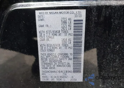 2020 Nissan Pathfinder Sv 2Wd z USA, uszkodzony, nr VIN 5N1DR2BN4LC641890